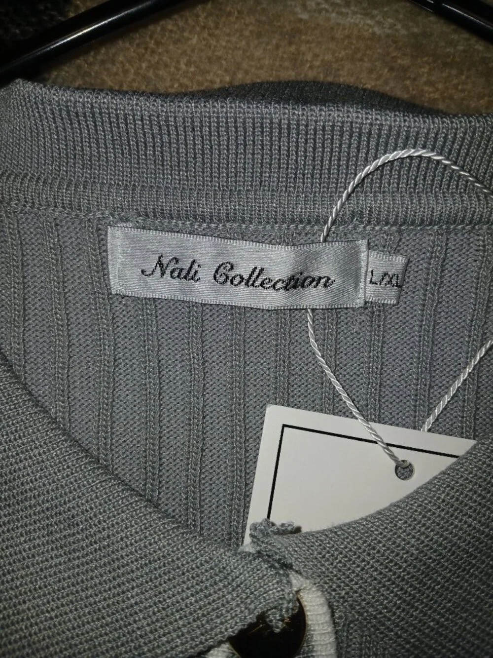 Nali Collection Ribbed Knit Button‑Front Top L/MXLGray White Trim - Picture 3 of 4
